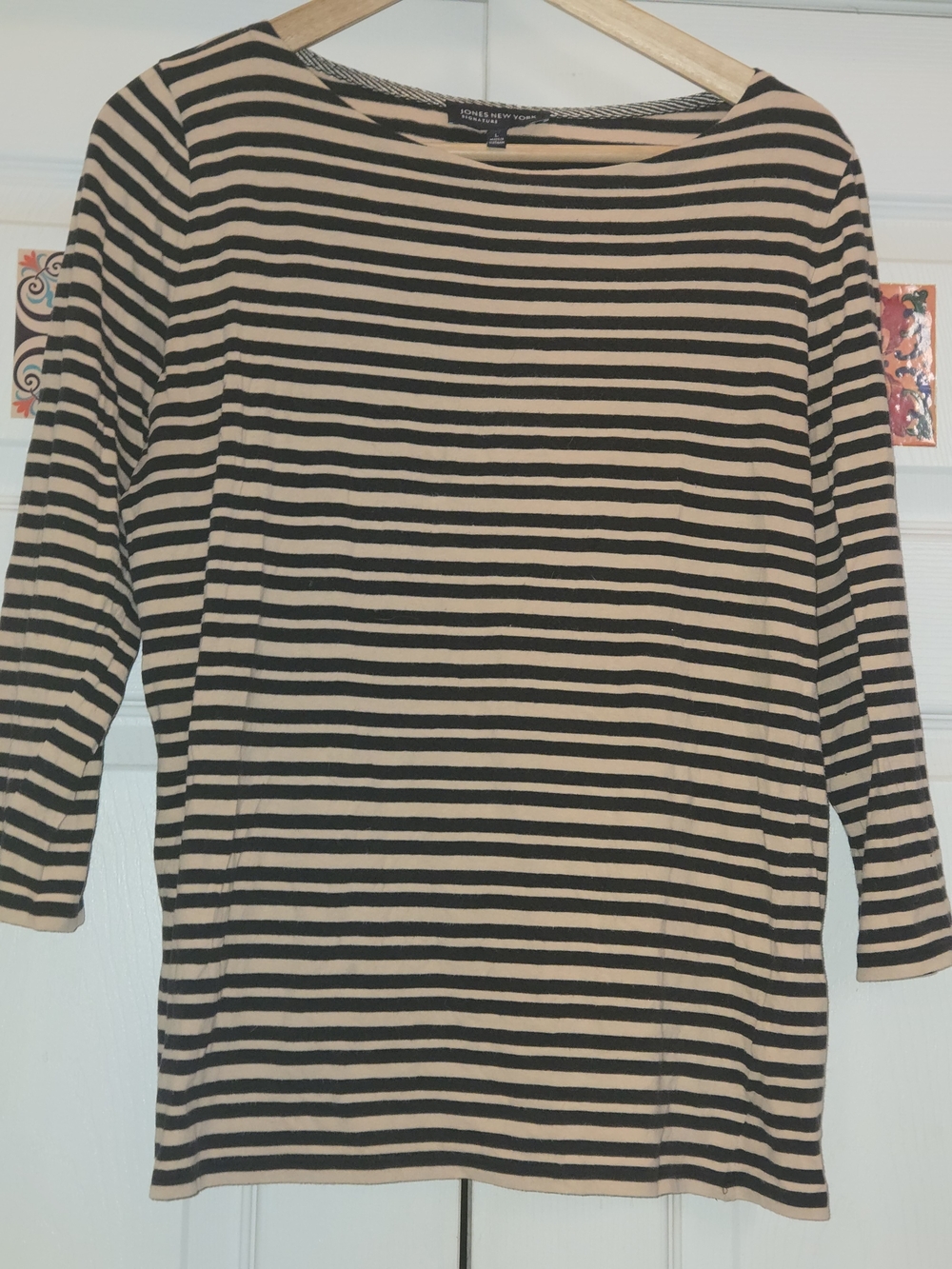 LIKE NEW:Jones New York Black and Beige Striped Long Sleeve Boatneck Top
